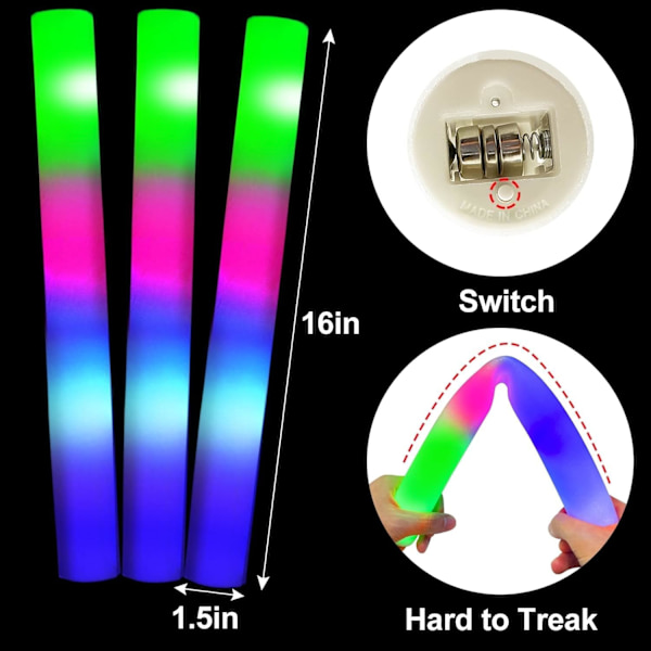 16-pakke 16 tommers skumlysstaver, LED-festartikler med 3 fargeendringsmoduser Multi Color 16