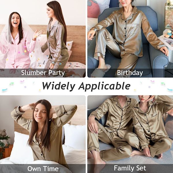 Naisten silkkiset pyjamasetit, pitkähihaiset satiini-PJs, mukava yöasu morsiamille Champagne M