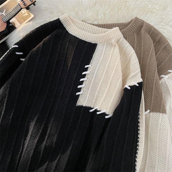 Kaffe Brun Stitching Genser Menn Høst Og Vinter Ny Amerikansk Vintage Genser Trendy Genser Rund Hals Rock Menn Klær Aprikos XL