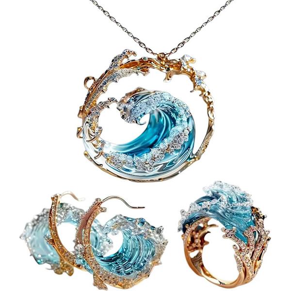 Ocean's Oath Smykkesæt, Halskæde og Havs Ed Ring/Ørestik Gaveæske Set