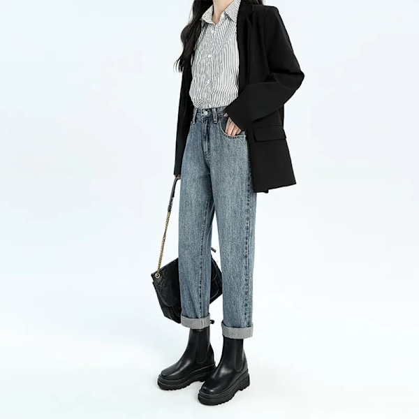 FINORD Korkealla vyötäröllä Casual Beige Baggy Jeans Naiset Korealaiset Syksyjeans Streetwear Harajuku Vintage Talvi Suorat farkut SkyBlue XS SkyBlue XS