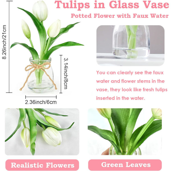 Hvide Tulipaner i Glasvase med Kunstigt Vand, Ægte Touch Blomster til Køkken og Bryllupsdekoration White
