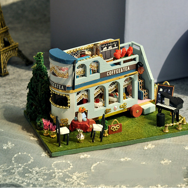 DIY-hus, minibil, håndlavet hus, byggemodel, børns legetøj, fødselsdagsgave, kvinde (dobbeltdækker, café, snorlampe + gaveæske)