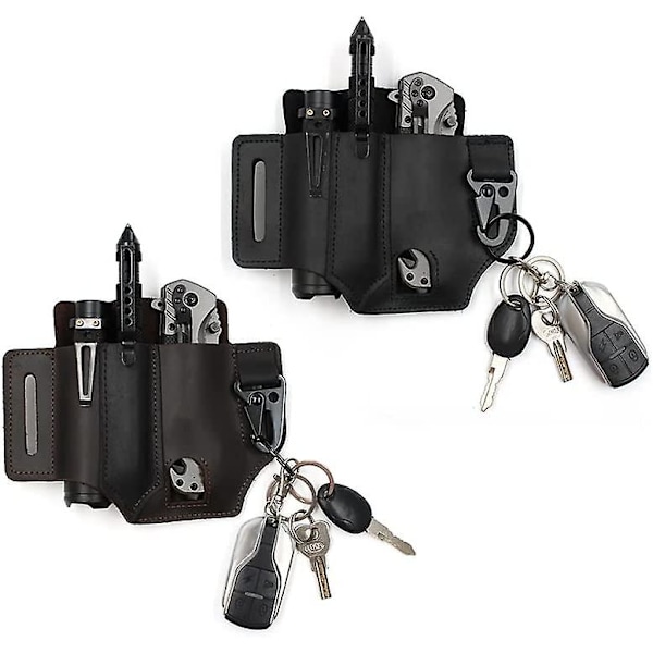 Multifunksjonelt beltehylster, skinn EDC-arrangør for menn, Leatherman-etui med penneholder, nøkkelholder, lommelyktetui, EDC-etui i skinn (brun)