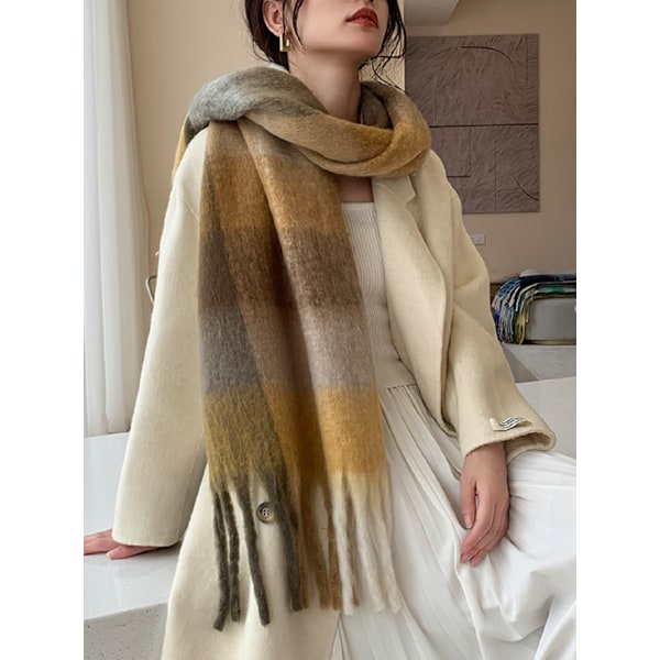 Gul Vinter Kvinna Varm Halsduk Lång Sjal Stora Scarves Kallt Väder Tjock Filt Scarves Färgglad Rutig