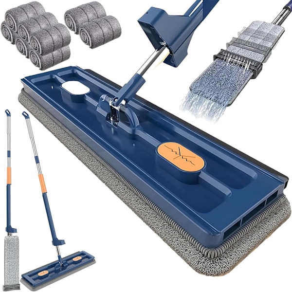 Blue Flat Mop Set with 360° Rotation and 8 Reusable Cloths for Hardwood