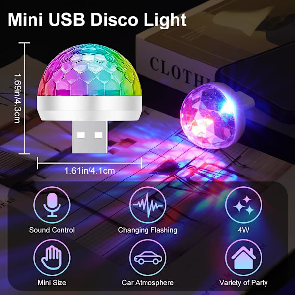 Mini Disco Lys, 3 stk Hvid USB Kugle Lys, 4 Farver Bærbar Strobe Lys med 9 Adaptere, LED Bil Atmosfære Lys til Julefester DJ Bil Interiør