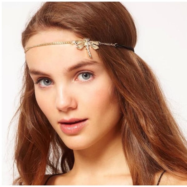 CQBB Gold Dragonfly Crown Pannband Diadem Head Chain smycken