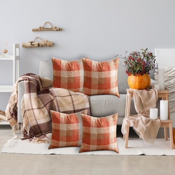 Recitem Sett med 2 Orange Rutete Høst Putetrekk 45x45cm, Koselig Høstdekorasjon til Sofa eller Seng