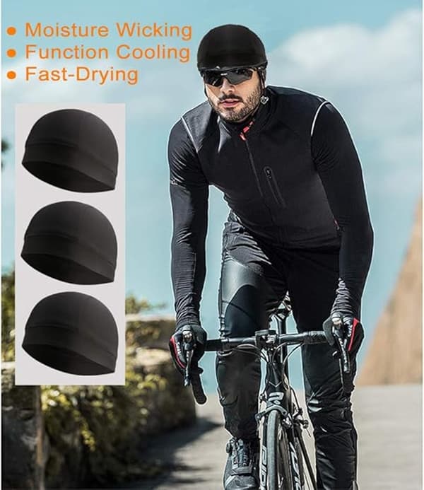 3 Sportmössor - Cykel- & Löparmössa, Hatt, Hjälmfoder - Svettavledande - Unisex - Svart