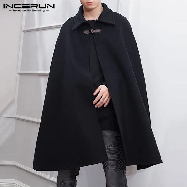 Incerun Mode Mænd Frakke Frakker Lapel Solid Farve En Knap Cape Trench Streetwear 2023 Casual Mand Overfrakker Po S-5Xl Sort M