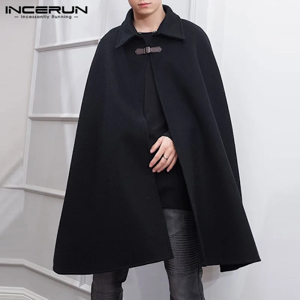 Incerun Mode Mænd Frakke Jakker Lapel Solid Farve En Knap Cape Trench Streetwear 2023 Casual Herre Overfrakker Po S-5Xl Sort XXL