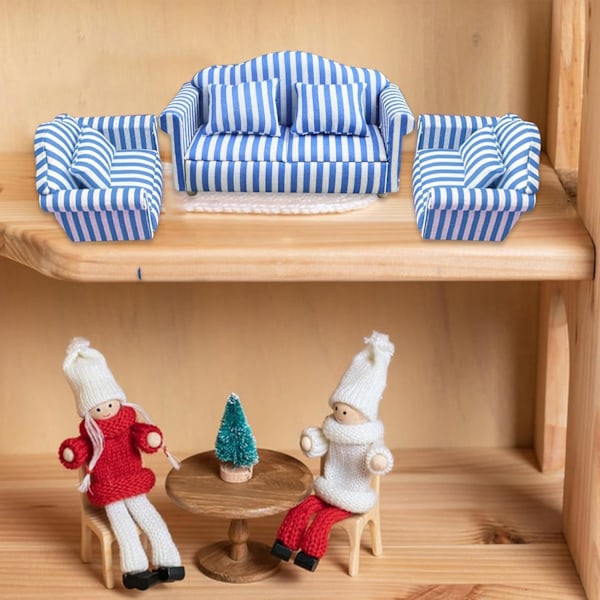 Miniatyyri Nukkekotisohvasetti - Punainen ja Valkoinen Raidalliset 1:12 Mittakaavan Olohuoneen Leikkikaluhuippukalusteet Blue Three piece set