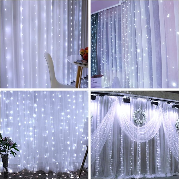 3x3m LED-gardinlampor, 300 LED, USB, 8 lägen, vattentät för inomhus, bröllop, fest, varmvit USB Drive（White）