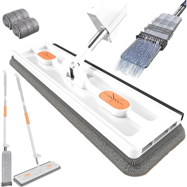 360° Rotterbar Flat Mop og Bøtte Sett med Gjenbrukbare Puter for Hardtre Gulv White + 2 rags