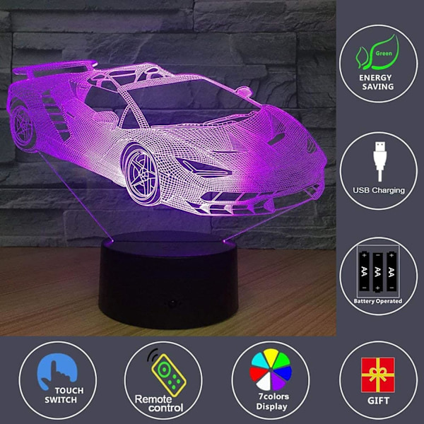 3D-illusjonslampe Barnas sportsbil 3D-lampe 16-farge vari