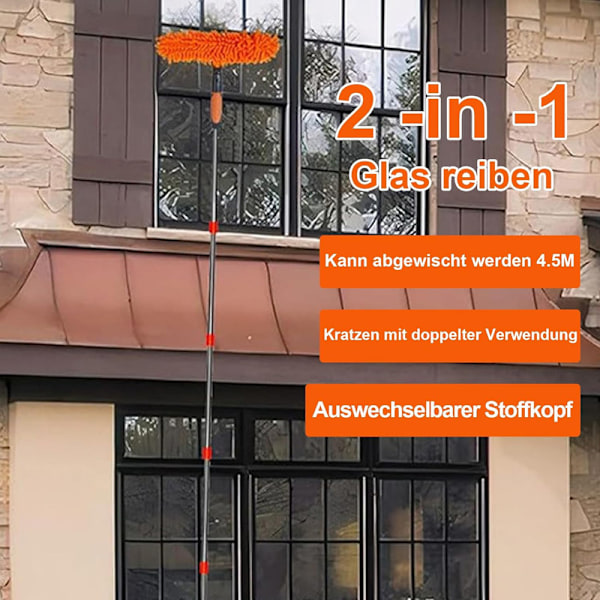 Fönsterskrapa 2-i-1 med teleskopskaft 4,5 m – Fönsterrengöring för höga fönster, bil, dusch, inomhus & utomhus orange