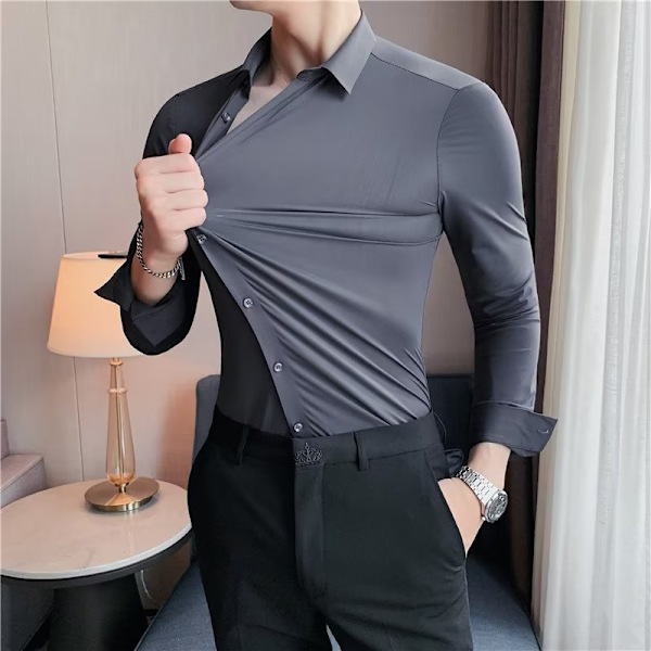 Mäns Tröja Lång Ärm Sommar Slim Fit Stretch Business 2023 Nya Mäns Kostym Skjorta Dark Gray Long Sleeve XXL