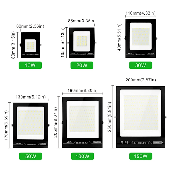 Led-flomlys 10W 20W 30W 50W 100W 150W Reflektor Led IP67 Vanntett Strålkaster Utendørs Spotlight Belysning Gatehage Lamper AC 220V 100W