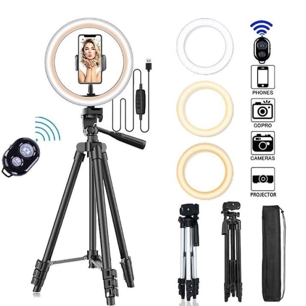 26cm Foto Ringlight Led Selfie Ring Light Telefon Fjernkontroll Lampe Fotografering Belysning Svart