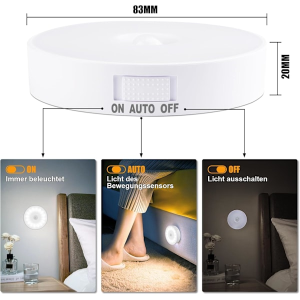 14 LED Bevegelsessensor Nattlys, 6-pakning, USB-oppladbart, 6000K Kaldt Hvit Cold White 6 pieces