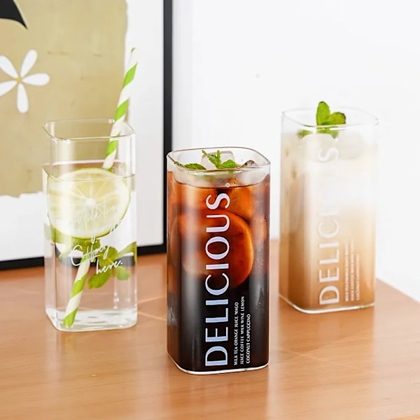 Textmønster Varmebestandig Tumbler Transparent Kaffe Kops Glas Mælkekop Husholdningsfirkant Drik Juicekop Køkken Tilbehør Mike Te 400ML 250-400ml