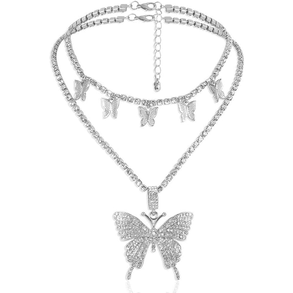 Big Butterfly Pendant Halsband Strasskedja för kvinnor Girl Bl