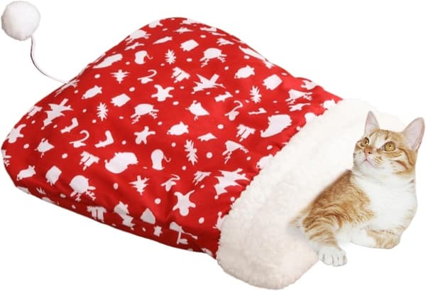 Kattekurv - Katteseng - Gemmested til katte - Sovepose til katte - Blød og varm fleece vintersovepose til jul - 360° indpakning - Egnet