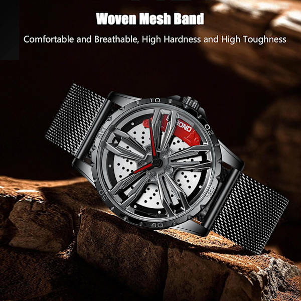Design With Car Hub For Men Analog Kvartsklokke 3ATM Vannresistent Armbåndsur Mote Kule Klokke For Menn Svart Rød B L Armbånd