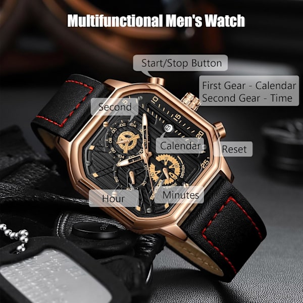 Herrar Kvartsur Klocka Mode Fyrkantig Armbandsur Luminous Analog Klocka Multifunktionell Kronograf Klocka Fritid Rostfritt Stål Herrklocka Svart Guld A Black gold A
