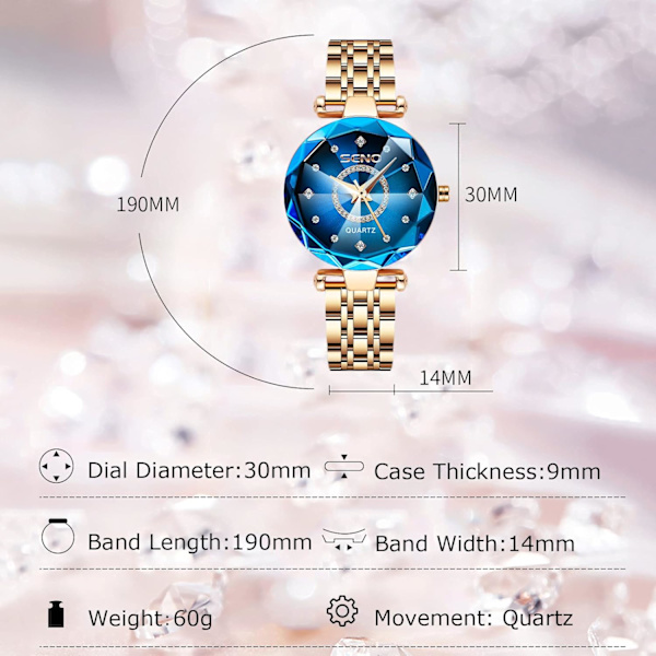 Klokker for kvinner Analogt kvartsur med rustfritt stålreim Vanntette dameklokker Mote Rhinestone armbåndsur for damer jenter Blå Blue
