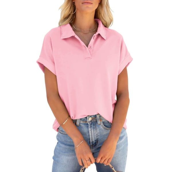 Kortärmade pikétröjor damer sommarkrage med knapp och nedtill casual V-ringad T-shirt med lös passform（L Rosa）