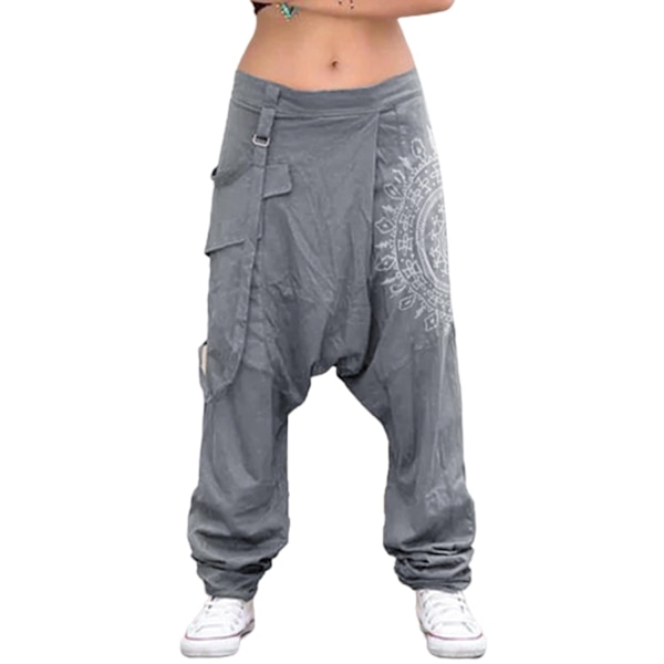 Fianao Dam Låg Midja Drop Crotch Retro Print Saggy Baggy Byxor Lösa Harem Byxor-WELLNGS Svart Grey S