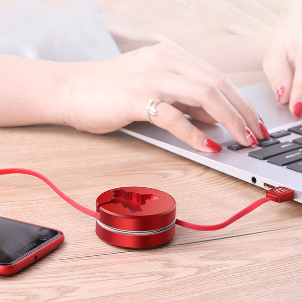 CQBB Infällbar en till tre laddningskabel - röd. Snabbladdningskabel med mobiltelefonhållare IP, Micro USB, Type-C laddningskabel