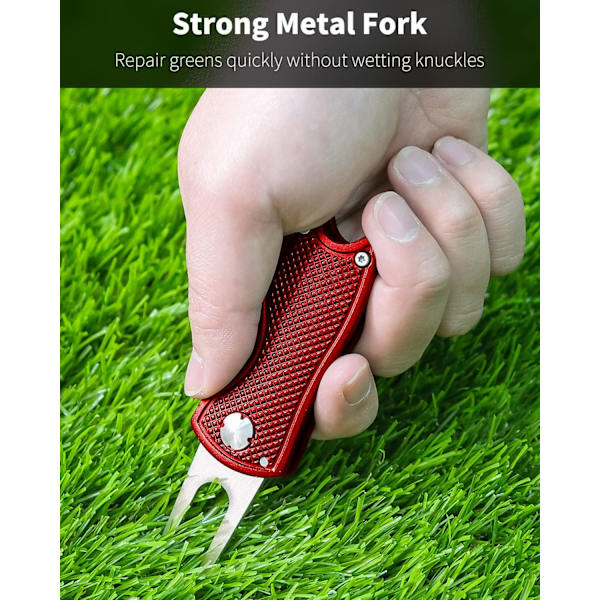 Golf Divot Repair Tool - Foldbar Metallisk Green Tool med Magnetisk Ball Marker (2-6 Pakk) Red