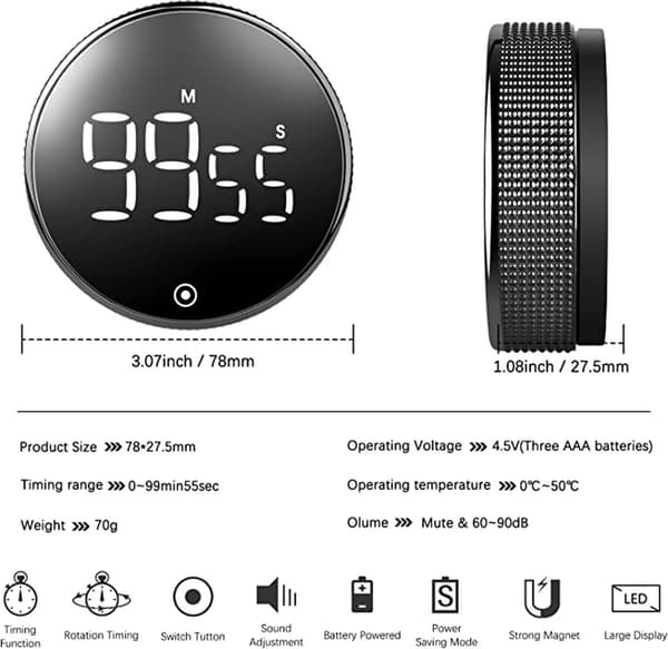 Digital kökstimer - Magnetisk timer - Duschklocka - Batterier ingår - Stoppur - Vridknapp - LED-display - Smart timer - Räkna upp - Räkna ner