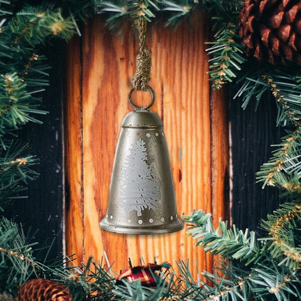 Metalliske juleklokker med jutetau, rustikke hørbare klokker til tre, krans og dører Christmas tree bells