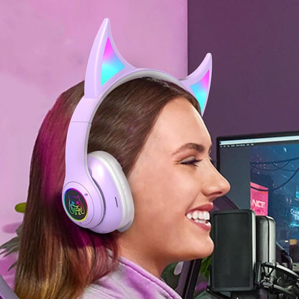 RGB Gaming Headset med Katteører, Lett Over-Øre Hodetelefoner for Studenter Purple