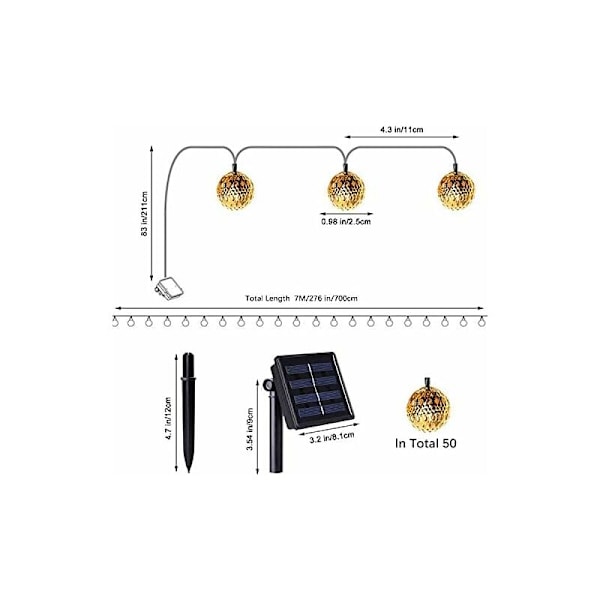 Marokkanske solcellelamper utendørs, 7M 50 LED-strenger utendørs, 8 moduser solcellelamper vanntett belysning for hage, uteplass, gård, Ho