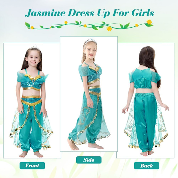 Jasmine Prinsesse Kostyme, Antrekksett med Parykk for Jenter til Bursdag & Halloween 120CM