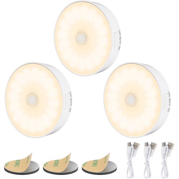 14 LED Bevægelsessensor Natlampe, 3-pak, USB Genopladelig, 3000K Varmt Hvidt Warm White 3 Pieces