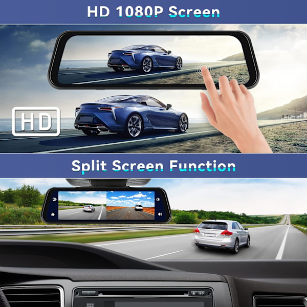 Spegel Dash Cam med trådlös Apple CarPlay Android Auto, 1080P Fram och Bak Dubbel Dash Cam för Bilar, Lastbilar, 9,66 '' IPS Pekskärm med Natt Visi