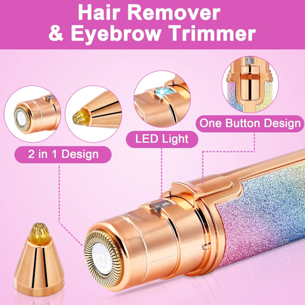 Ansiktshårtrimmer, 2-i-1 LED-ögonbryns- och ansiktshårtrimmer, smärtfri och laddningsbar för bikinilinjen, läpp, näsa