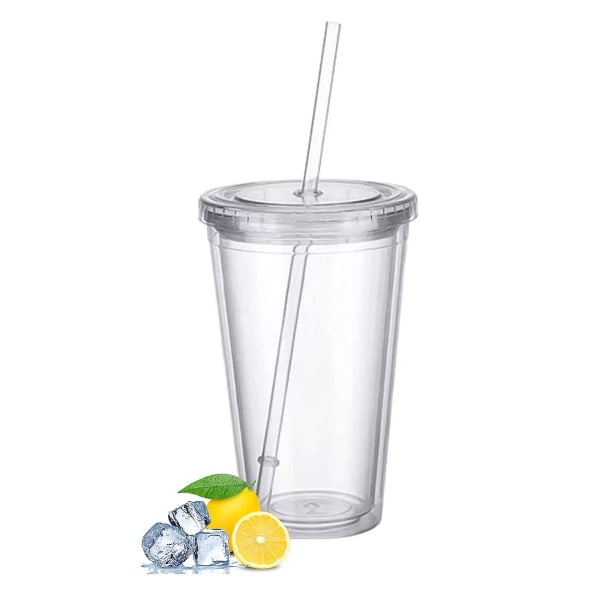 Återanvändbara plastmuggar Dubbelvägg Transparent dricksmugg med sugrör Återanvändbara koppar som passar för fruktjuice