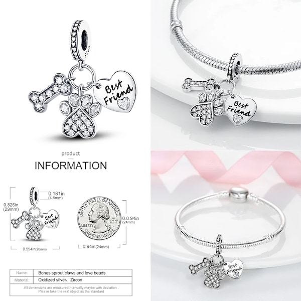 925 Sterling Silver Katt Och Hund Serien Bästa Vän Hängande Fit Original Pandora Armband Charms Pärla Halsband Diy Fe Fe Fe Fe Fe Fet Smycker SMC3825