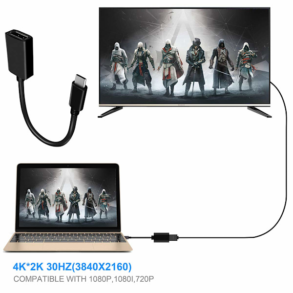 USB-C till Display-adapter (4K60 Hz), Bärbar USB-C-adapter AV-konverteringskabel för MacBook Pro, MacBook Air, iPad Pro, Pixelbook, XPS, Galaxy och mer