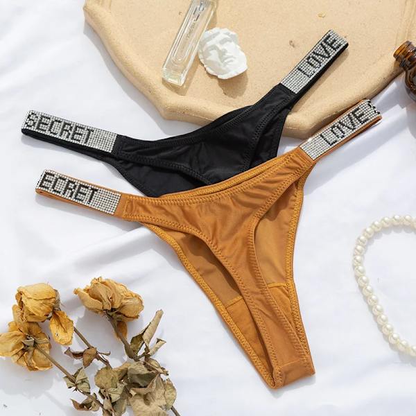 Sexiga Kvinnor Trosa Kristall Strass Brev Hemliga Underkläder Fitness Gym Kärlek Stringtrosor Låg Rise Tanga Kvinnlig Push Up Underkläder Thong-Rosa M