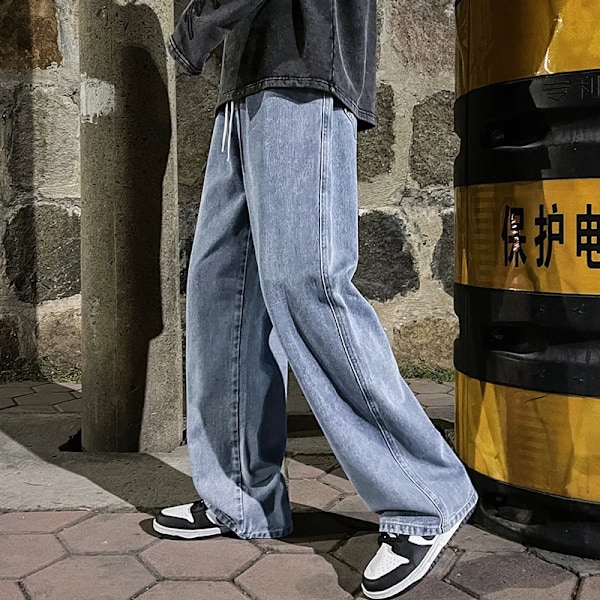 Koreansk Mode Mænd Baggy Jeans Elastisk Talje Klassisk Olid Farve Lige-Ben Denim Bredben Bukser Mand Lys Blå Grå Sort Hvid Blå XL  67.5-77.5kg