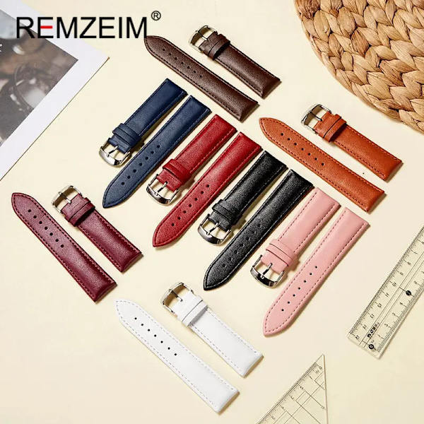 Ægte læder urrem 16 mm 18 mm 20 mm 22 mm Watch Dam Rosa Rød Hvid Håndledsrem Remme Sort 22mm