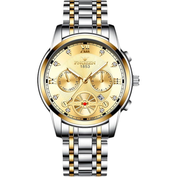 Herre armbåndsur analog kvarts vintage elegant armbåndsur dato kalender lysende klokke gull sølv Gold silver